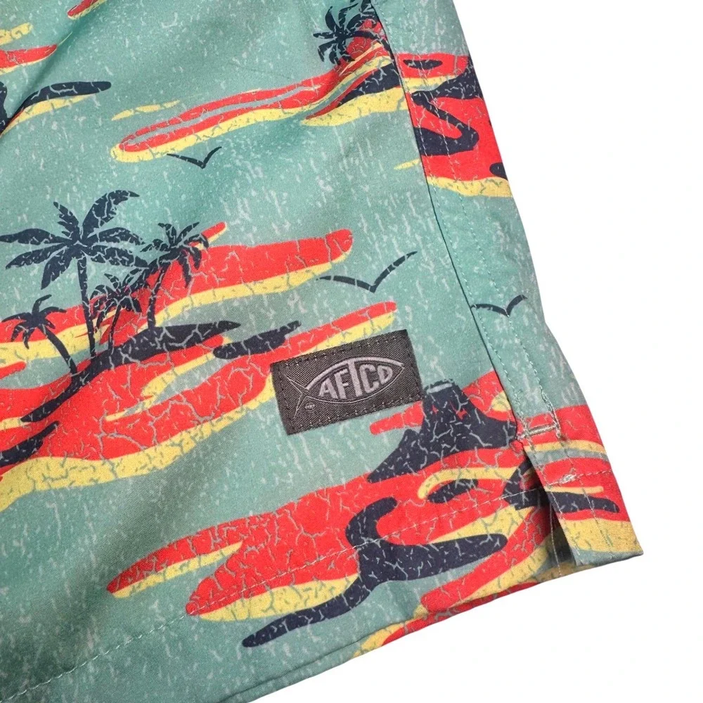 AFTCO Mens XL Swim Trunks Teal Tropical Palm Tree Fishing Board Shorts 6